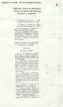 Portaria nº 275/1970 - Regimento Interno do Laboratório Central de Controle de Droga, Medicamento...