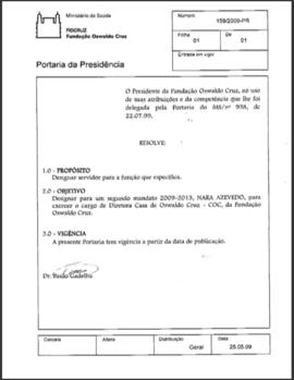 Portaria n° 159/2009 PR - Nomeação Nara Azevedo para direção | 2° mandato (2009-2013)