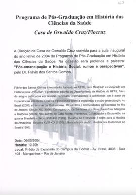 Convite para aula inaugural do Programa de Pós-Graduação em história das Ciências e da Saúde