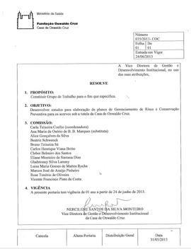 Portaria nº 035/2013-COC - Constitui grupo de trabalho para Gerenciamento de Risco e Conservação ...