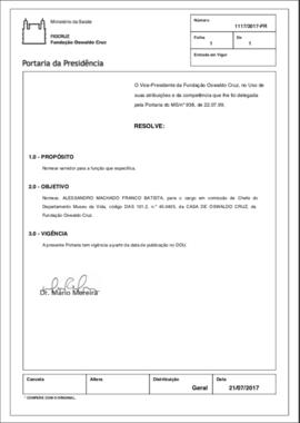 Portaria nº 1117/2017-PR - Nomear Alessandro Batista chefia MV